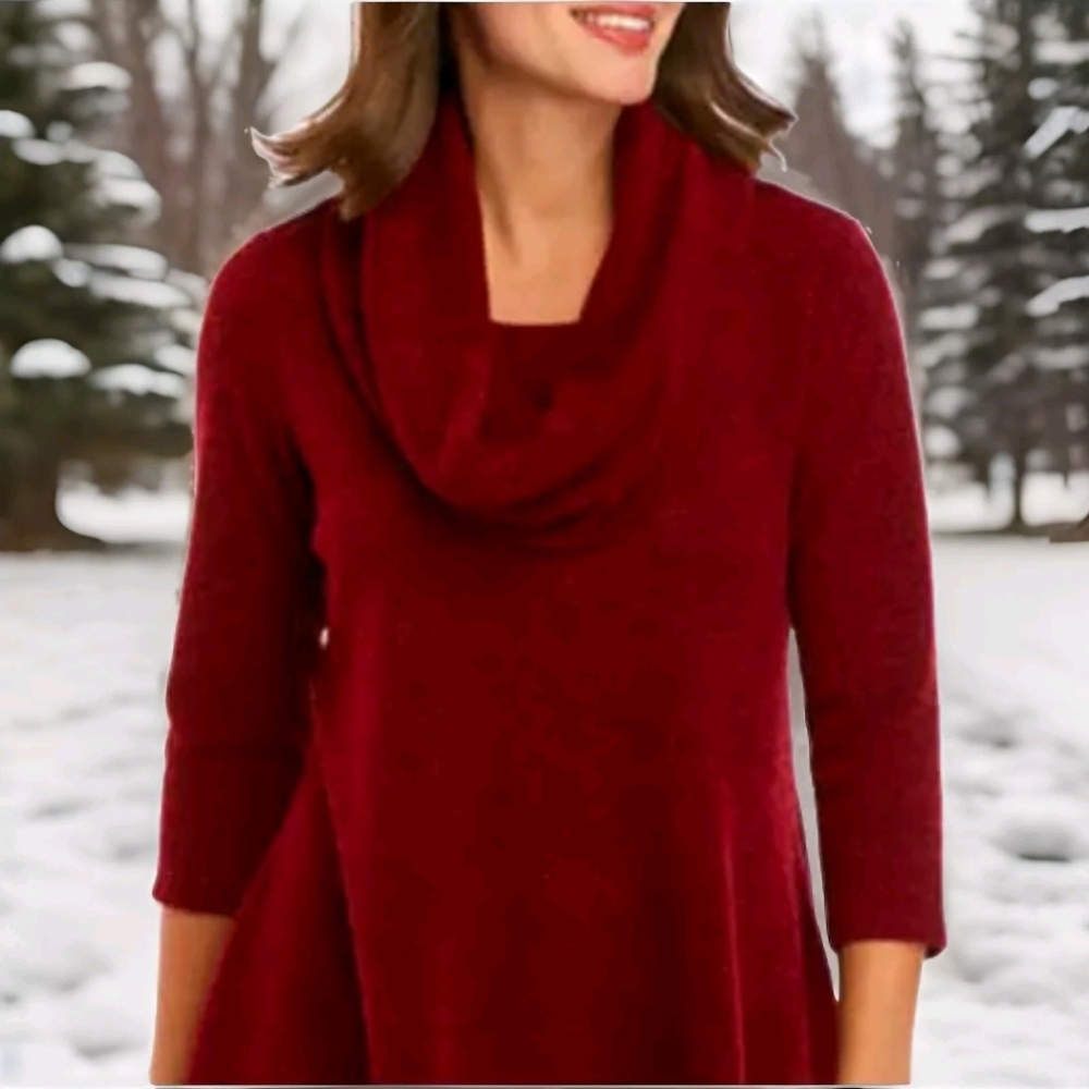 New Directions hacci cowl Neck red Sweater Size S Petite  3/4 sleeves *